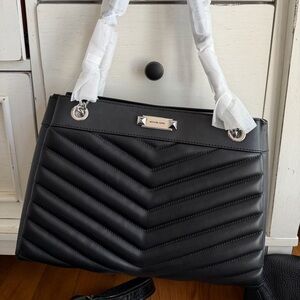 Michael Kors Black Quilted Chevron Shoulder Tote with Silver Hardware NWT